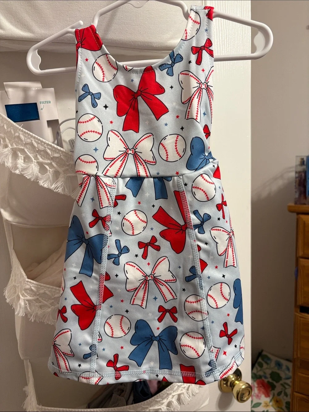 Kids Sleeveless Bow & Baseball Print Dress - Light Blue, Red & Navy